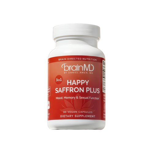 BrainMD Dr Amen Happy Saffron Plus - 90 Capsules - with Saffron Flower Extract, Curcumin & Zinc - Vegan, Gluten Free - 30 Servings