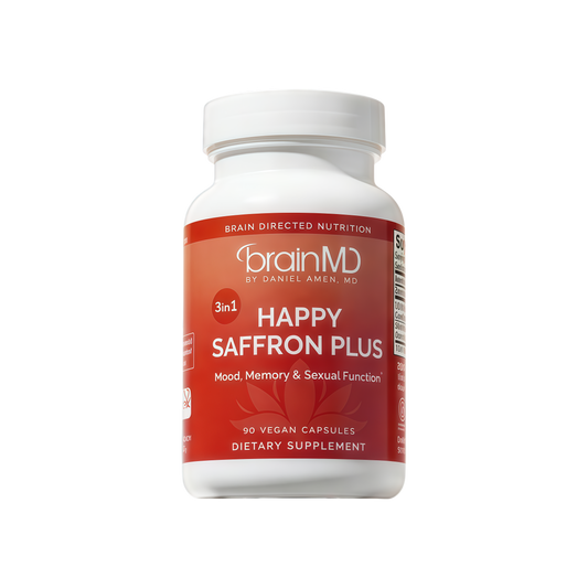 BrainMD Dr Amen Happy Saffron Plus - 90 Capsules - with Saffron Flower Extract, Curcumin & Zinc - Vegan, Gluten Free - 30 Servings