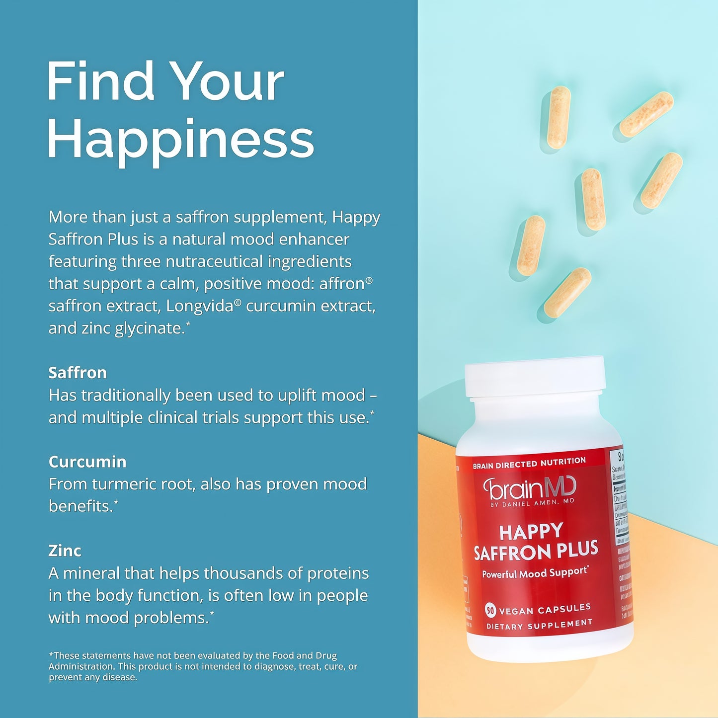 BrainMD Dr Amen Happy Saffron Plus - 90 Capsules - with Saffron Flower Extract, Curcumin & Zinc - Vegan, Gluten Free - 30 Servings